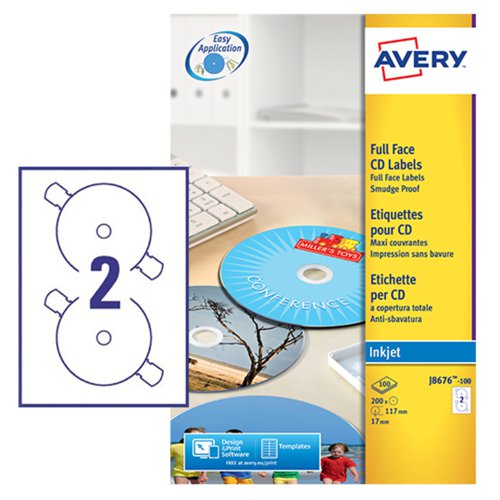 Avery Inkjet Full Face CD/DVD Label 117mm Diameter 2 Per A4 Sheet Matt White (Pack 200 Labels) J8676-100