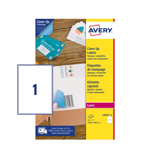 Avery L4610-25 Cover Up Labels - 199.6 x 289.1mm - 1 per Sheet - 25 Sheets - 25 Labels per pack