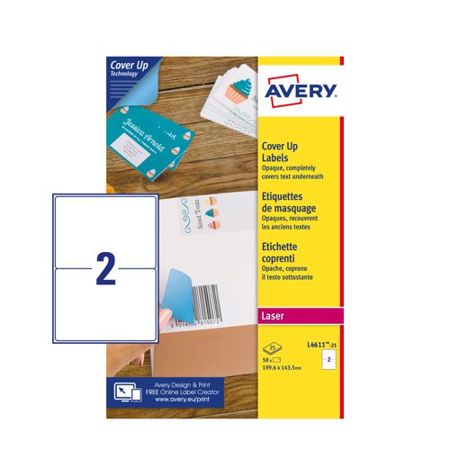 Avery L4611-25 Cover Up Labels - 199.6 x 143.5mm - 2 per Sheets - 25 Sheets - 50 Labels per pack