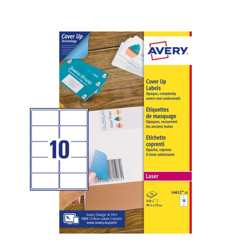 Avery L4612-25 Cover Up Labels - 99.1 x 57mm - 10 per sheet - 25 Sheets - 250 Labels per pack