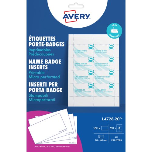 Avery Microperforated Printable Inserts 90mm x 60mm All Printers 160 Labels / 20 Sheet - L4728-20