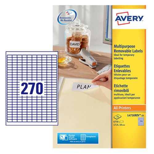 Avery Multipurpose Mini Removable Label 17.8x10mm 270 Per A4 Sheet White (Pack 6750 Labels) L4730REV-25