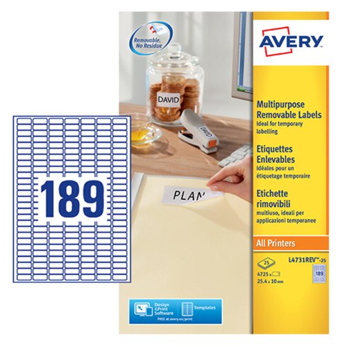 Avery Multipurpose Mini Removable Label 25.4x10mm 189 Per A4 Sheet White (Pack 4725 Labels) L4731REV-25