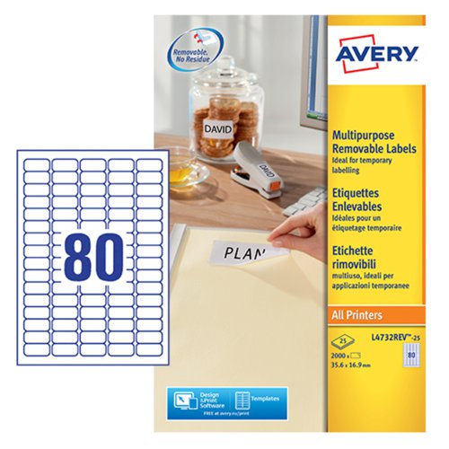 Avery Multipurpose Mini Removable Label 35.6x16.9mm 80 Per A4 Sheet White (Pack 2000 Labels) L4732REV-25