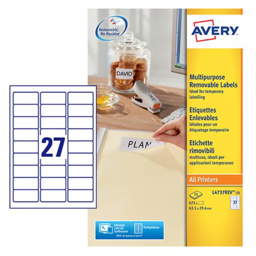 Avery Multipurpose Mini Removable Label 63.5x29.6mm 27 Per A4 Sheet White (Pack 675 Labels) L4737REV-25