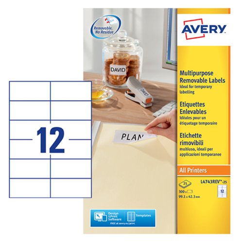 Avery Multipurpose Mini Removable Label 99x42.3mm 12 Per A4 Sheet White (Pack 300 Labels) L4743REV-25