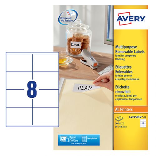 Avery Multipurpose Labels Removable Laser 8 per Sheet 96x63.5mm White Ref L4745REV-25 [200 Labels] 879150 Buy online at Office 5Star or contact us Tel 01594 810081 for assistance