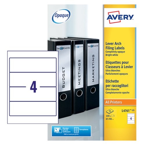 Avery L4761-25 Filing labels, 192 x 61 mm, Permanent, 4 Labels Per Sheet, 100 Labels Per Pack