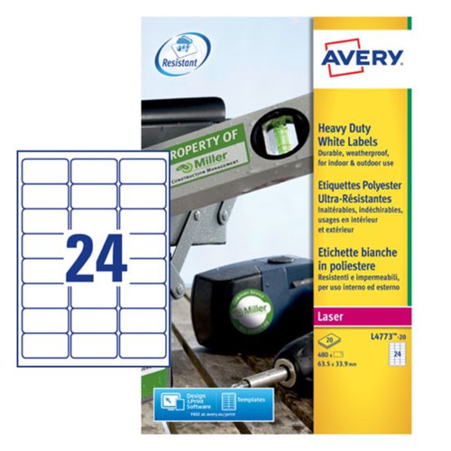 Avery Resistant Labels Laser 24TV 63.5x33.9mm White L4773-20 [480 Labels]