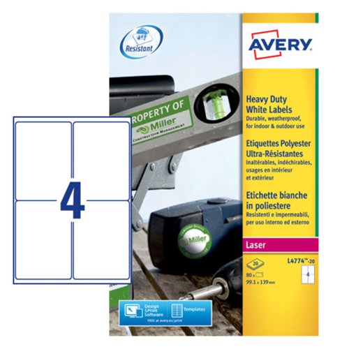 Avery Laser Heavy Duty Label 99x139mm 4 Per A4 Sheet White (Pack 80 Labels) L4774-20