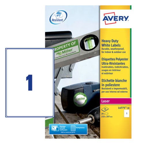 Avery Resistant Labels Laser 1TV 210x297mm White L4775-20 [20 Labels]