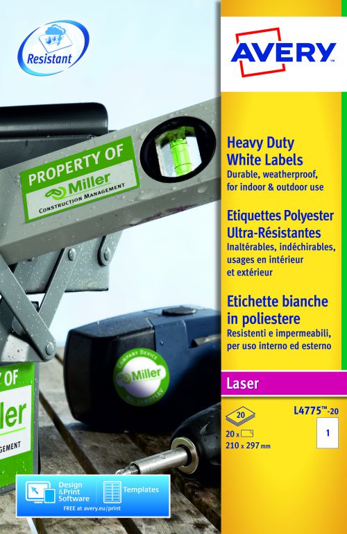 Avery Resistant Labels Laser 1TV 210x297mm White L4775-20 [20 Labels]