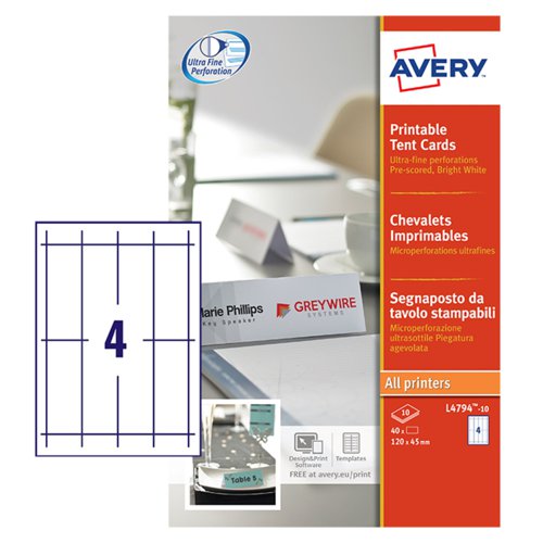Avery Printable Tent Cards 4 per A4 Sheet 120x45mm L4794-10 [Pack of 10]