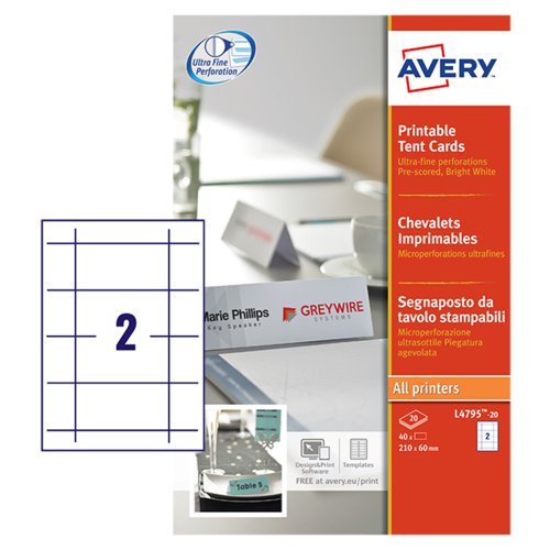 Avery Printable Tent Card 180x60mm 2 Per Sheet 190gsm White (Pack 40) L4795-20