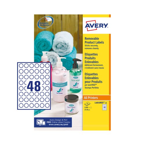 Avery L4850REV-25 Removable Round Labels; Ø25mm; Removable; 48 Labels Per Sheet; 1200 Labels Per Pack