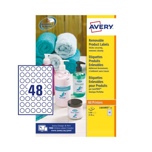 Avery Removable Labels Round 25mm White (Pack of 1200) L4850REV-25