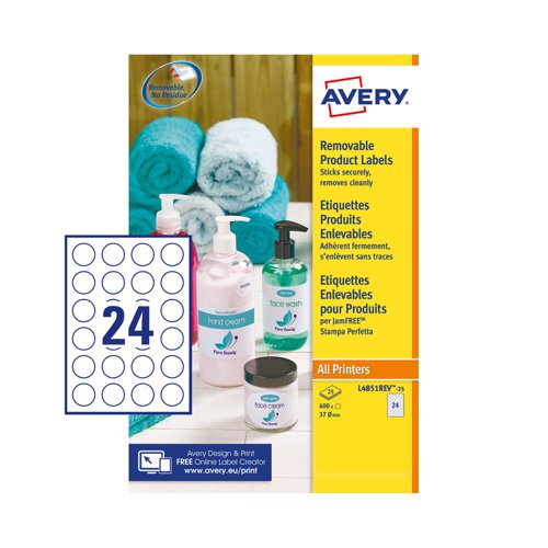 28146AV | Avery removable round labels are ideal for crafting, home and office organising and more! They are perfect for marking documents, folders and personalising many other items that matches your needs. These labels are easy to peel and apply, with an adhesive that leaves no residue once removed, this is perfect for temporary solution. The label adhesive sticks to glass, plastic, paper and more, allowing you to put your mark on nearly any product. These round labels are 37mm diameter in size and there are 24 on each printable sheet. With 25 sheets in a pack, that’s 600 labels in total. Ideal for folders, documents, jars, bottles, gifts, packaging, stickers, brochures…