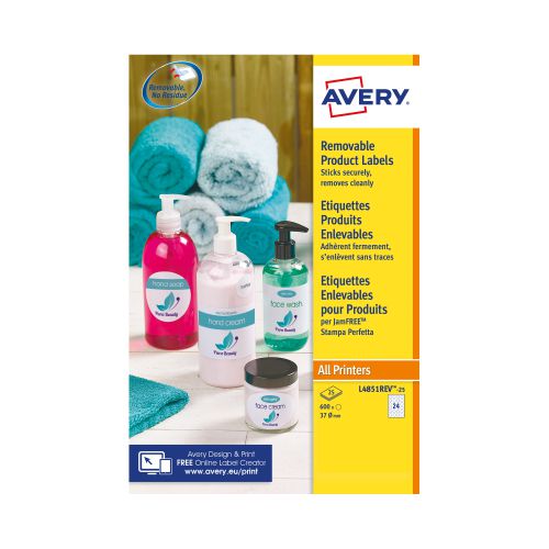 Avery Removable Labels 37mm dia 24 P/Sht Wht (Pack of 600) L4851REV-25