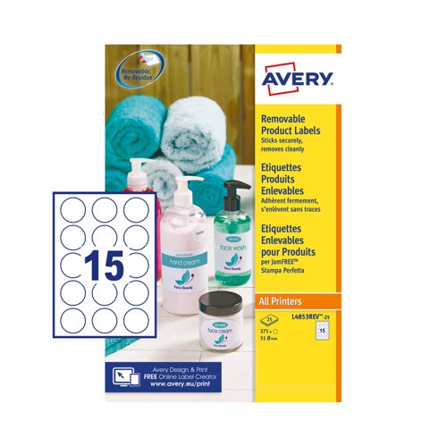 Avery L4853REV-25 Removable Round Labels; Ø51mm; Removable; 15 Labels Per Sheet; 375 Labels Per Pack