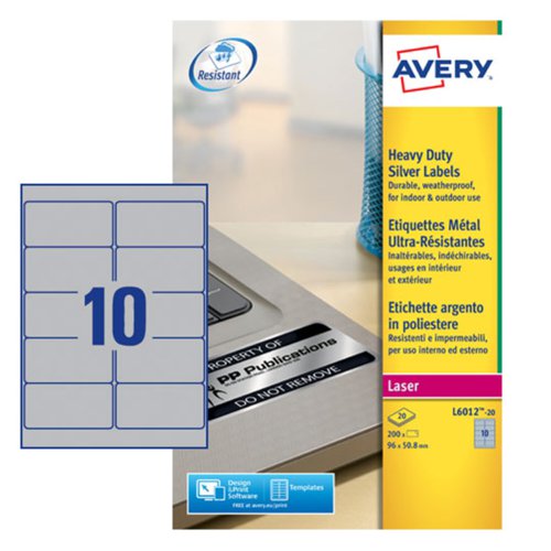 Avery Heavy Duty Labels Laser 10 per Sheet 96x50.8mm Silver 200 Labels Address Labels LA1343