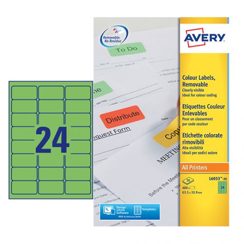 Avery Coloured Labels Removable Laser 24 per Sheet 63.5x33.9mm Green Ref L6033-20 [480 Labels] Avery UK