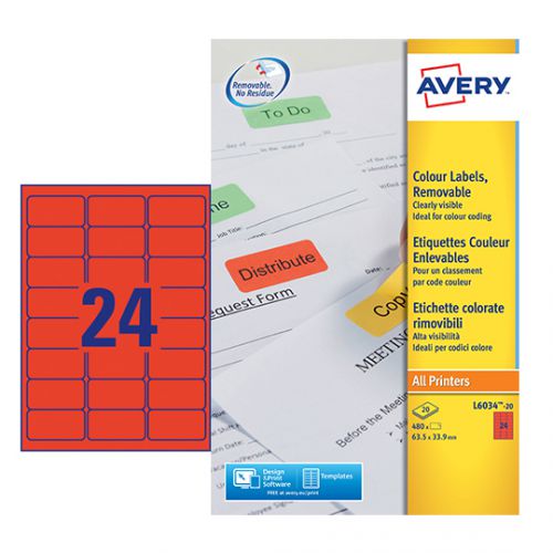 Avery Coloured Label 63.5x34mm 24 Per A4 Sheet Red (Pack 480 Labels) L6034-20