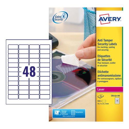 Any attempts to remove the Avery Anti-Tamper Laser Labels result in the material disintegrating and leaving behind a pre-printed residue. This makes it virtually impossible to remove and tampering look immediately obvious. Perfect for the securing and sealing of products, documents and marking equipment. These security labels come in 48 labels per sheet in 45.7 x 21.2mm format and are also oil and dirt resistant, water resistant and temperature resistant (-40°C to + 90°C). Suitable for printing in most laser printers, the excellent print finish on these bright white labels is clear and sharp either in colour or black and white.