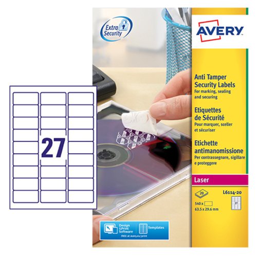 Avery Laser NoPeel AntiTamper Permanent Label 63x30mm 27 Per A4 Sheet White (Pack 540 Labels) L6114