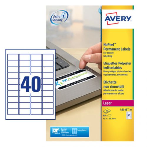 Avery Laser NoPeel Anti-Tamper Permanent Label 45.7x25mm 40 Per A4 Sheet White (Pack 800 Labels) L6145-20