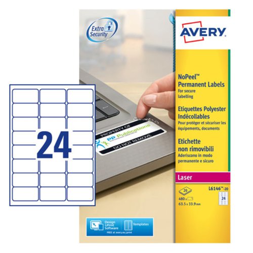 Avery Nopeel Labels TamperProof Durable 24 Per Sheet 63.5X33.9Mm White 480 Labels