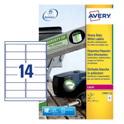 44020AV | For permanent marking of products being used indoors and outdoors, choose Avery resistant labels.  These white laser labels are significantly more durable than conventional paper labels due to their strong adhesion and their resistance to water, oil, dirt, UV rays and extreme temperatures (-20°C to + 80°C). Ideal for applying to metal, plastic, painted surface, fabric, polycarbonate and glass, both indoors and outside.Suitable for printing in most laser printers, the excellent print finish on these bright white labels is clear and sharp either in colour or black and white.