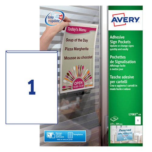 Avery L7083-10 221 x 304mm Sign Pockets 10 Sheets - 1 Pocket per sheet