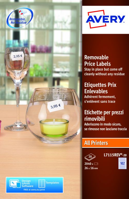 Avery L7115REV-20 Price Labels, 26 x 16 mm, Removable, 102 Labels Per Sheet, 2040 Labels Per Pack