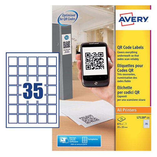 Avery QR Code Label 35x35mm 35 Per A4 Sheet White (Pack 875 Labels) L7120-25 Avery UK