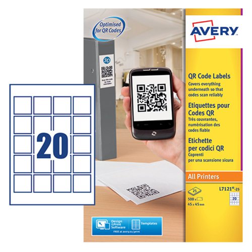 QR codes are now essential to provide the customer with extra information about a product, company or service. With Avery QR Code Labels, it’s easy to print your QR codes on your products and documents to link customers to your website, on-line promotions and more. These square label formats cover dark or patterned surfaces reliably due to the opaque material so the code can be scanned optimally. The labels are perfectly matched to the minimum display size for QR Codes, are easy to print and very fast to apply. These can be printed on all standard printers. Available in a square format with a label size of 45 x 45mm.