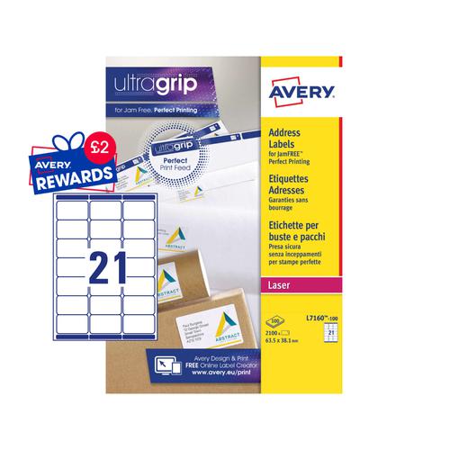 Avery Laser Address Label 63.5x38.1mm 21 Per A4 Sheet White (Pack 2100 Labels) L7160-100