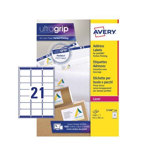 44097AV | For mailings large and small, Avery Address Labels give a smart, professional look that creates a lasting impression when sending mail to your customers and contacts. Our UltraGrip™ technology for laser labels, ensures perfect print alignment every time!These mailing labels come with our special QuickPEEL™ technology for faster application. Simply divide the 21 labels on the sheet along the perforation to expose the label edges and then peel and apply to your envelopes, it is so easy and makes labelling of envelopes so much quicker. Ideal for labelling DL envelopes.Our FSC® certified labels are not only environmentally friendly they print with a sharp image and clear colours for a totally professional appearance.The label format is 63.5 x 38.1mm with 21 labels per sheet and is an ideal size for applying to DL envelopes.