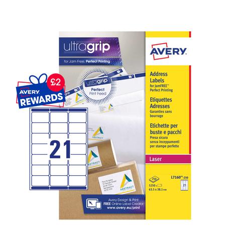 Avery Laser Address Label 63.5x38.1mm 21 Per A4 Sheet White (Pack 5250 Labels) L7160-250