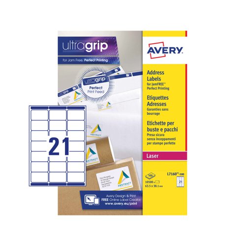 Avery Laser Address Label 63.5x38.1mm 21 Per A4 Sheet White (Pack 10500 Labels) L7160-500