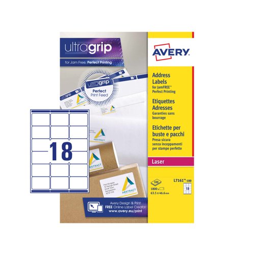 44118AV | Make a lasting impression to your customers when sending your mail. Avery Laser Address Labels are tried and tested and make the professional handling of large and small mailing so easy. There’s UltraGrip™ Technology on all our printable laser labels, ensuring the perfect print alignment every time. And with our QuickPEEL™ technology, applying labels to envelopes is fast. Simply divide the 18 labels on the sheet along the perforation to expose the label edges and then peel and apply, it is so easy and makes labelling of your mail so much quicker. Ideal for labelling DL envelopes.Our FSC® certified labels are not only environmentally friendly they print with a sharp image and clear colours for a totally professional appearance.The label format is 63.5 x 46.6mm with 18 labels per sheet and is an ideal size for applying to DL envelopes.
