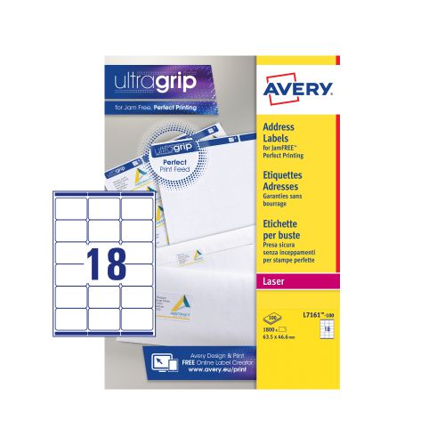 Avery Ultragrip Laser Label 63.5x46.6mm White (Pack of 1800) L7161-100