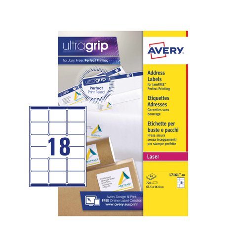 44132AV | Make a lasting impression to your customers when sending your mail. Avery Laser Address Labels are tried and tested and make the professional handling of large and small mailing so easy. There’s UltraGrip™ Technology on all our printable laser labels, ensuring the perfect print alignment every time. And with our QuickPEEL™ technology, applying labels to envelopes is fast. Simply divide the 18 labels on the sheet along the perforation to expose the label edges and then peel and apply, it is so easy and makes labelling of your mail so much quicker. Ideal for labelling DL envelopes.Our FSC® certified labels are not only environmentally friendly they print with a sharp image and clear colours for a totally professional appearance.The label format is 63.5 x 46.6mm with 18 labels per sheet and is an ideal size for applying to DL envelopes.