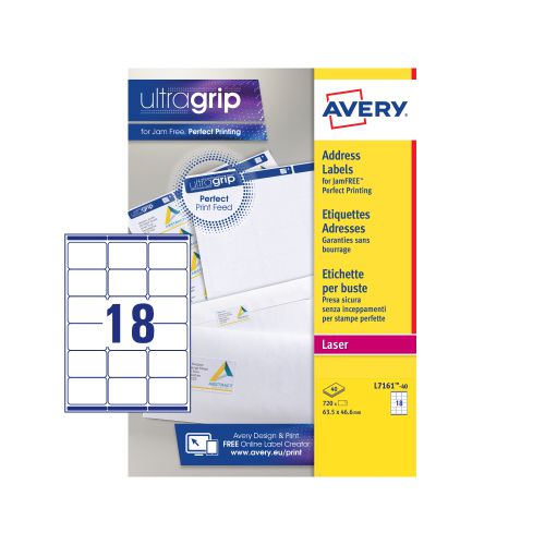 Avery Laser Address Label 63.5x46.6mm 18 Per A4 Sheet White (Pack 720 Labels) L7161-40 44132AV