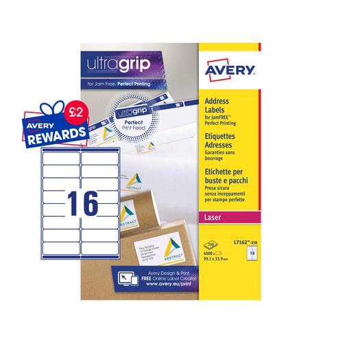 Avery Laser Address Label 99.1x33.9mm 16 Per A4 Sheet White (Pack 4000 Labels) L7162-250