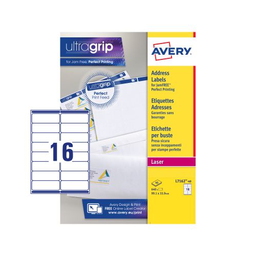 Avery Laser Address Label 99.1x33.9mm 16 Per A4 Sheet White (Pack 640 Labels) L7162-40 44160AV