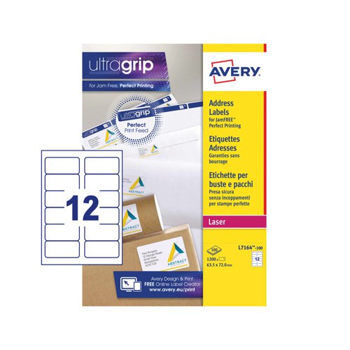 Avery Laser Address Label 63.5x72mm 12 Per A4 Sheet White (Pack 1200 Labels) L7164-100