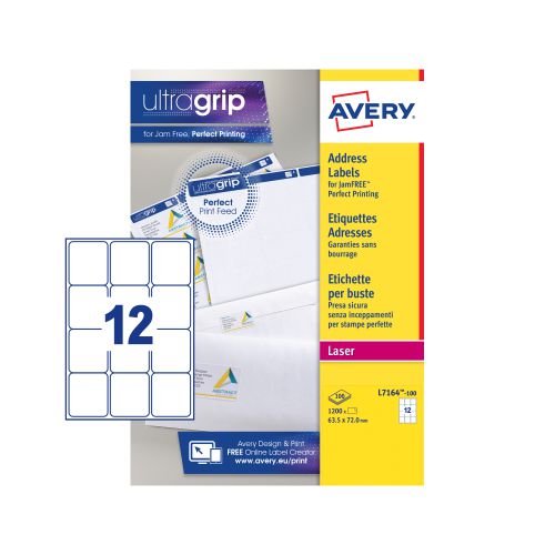 Avery Ultragrip Laser Labels 63.5x72mm White (Pack of 1200) L7164-100