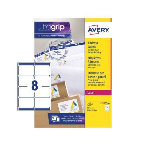 44230AV | Avery printable parcel labels are designed to stay put on your letters and parcels. Whether you’re printing in black and white or adding colour, these super white labels will look sharp and smart on your envelopes or small packages.There’s also UltraGrip™ Technology on all our printable laser labels, ensuring the perfect print alignment every time! And with our QuickPEEL™ technology, applying labels to envelopes is fast. Simply divide the 8 labels on the sheet along the perforation to expose the label edges and then peel and apply, it is so easy and makes labelling of your mail so much quicker. Ideal for labelling parcels.Our FSC® certified labels are not only environmentally friendly they print with a sharp image and clear colours for a totally professional appearan