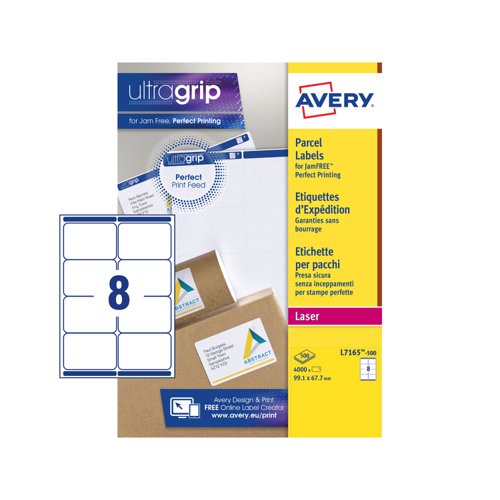 44237AV | Avery printable parcel labels are designed to stay put on your letters and parcels. Whether you’re printing in black and white or adding colour, these super white labels will look sharp and smart on your envelopes or small packages.There’s also UltraGrip™ Technology on all our printable laser labels, ensuring the perfect print alignment every time! And with our QuickPEEL™ technology, applying labels to envelopes is fast. Simply divide the 8 labels on the sheet along the perforation to expose the label edges and then peel and apply, it is so easy and makes labelling of your mail so much quicker. Ideal for labelling parcels.Our FSC® certified labels are not only environmentally friendly they print with a sharp image and clear colours for a totally professional appearance.The label format is 99.1 x 67.7mm with 8 labels per sheet and is an ideal size for applying to parcels.