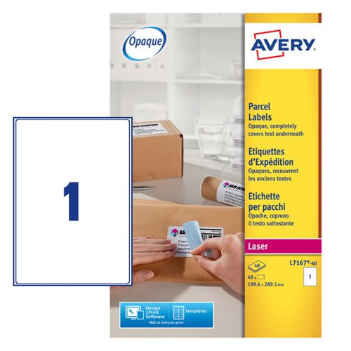 Avery Laser Parcel Label 199.6x289mm 1 Per A4 Sheet White (Pack 40 Labels) L7167-40 Avery UK